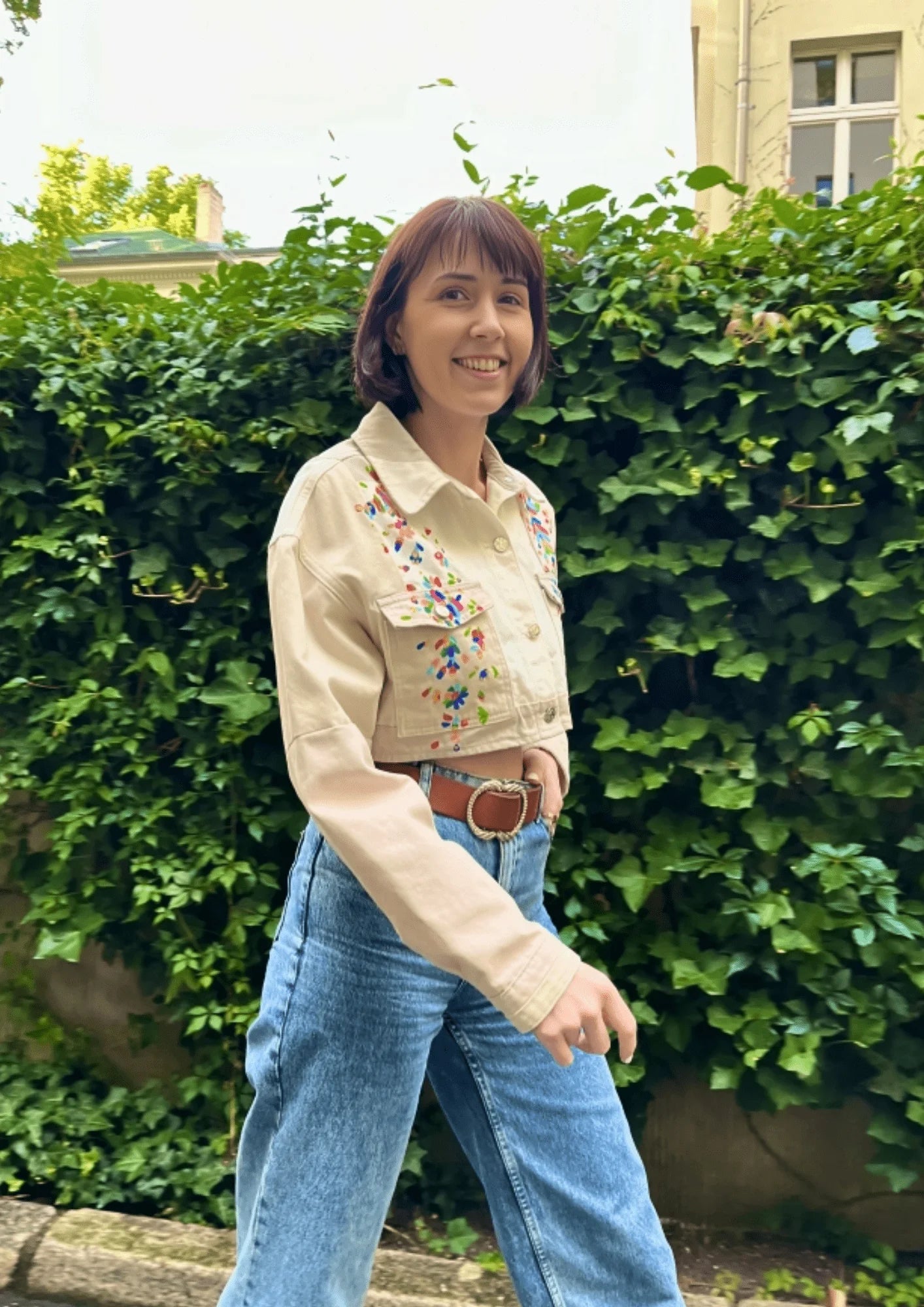 FELICIA CROP DENNIM JACKET Front Pockets Side Pockets Patch Pockets