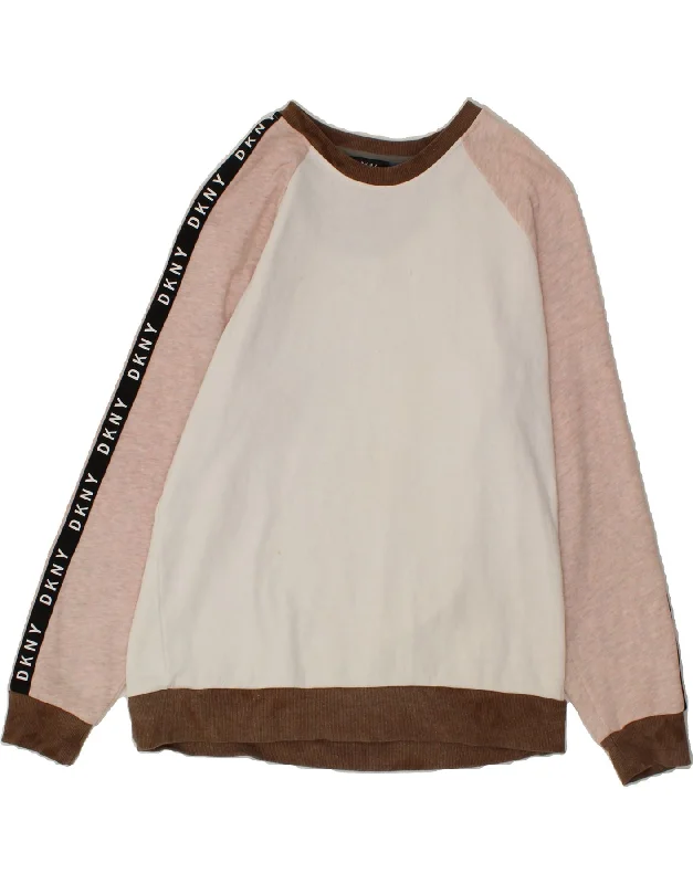 DKNY Womens Graphic Sweatshirt Jumper UK 16 Large White Colourblock Cotton Hoodie with High Neck Warm Protective DKNY Womens Graphic Sweatshirt Jumper UK 16 Large White Colourblock Cotton Hoodie with High Neck Warm Protective