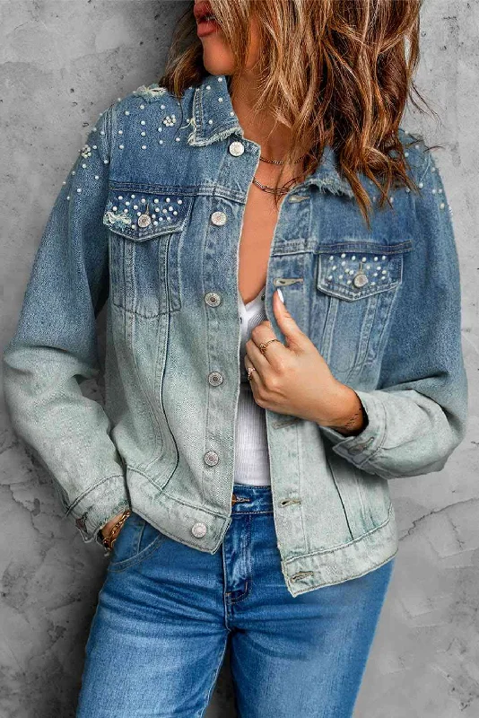 Pearl Detail Distressed Button Up Denim Jacket Embroidered Jacket Appliqued Jacket Beaded Jacket