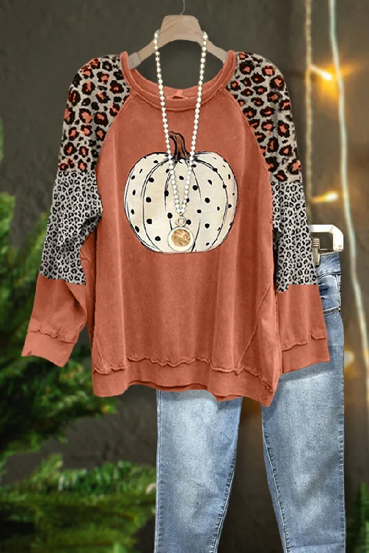 Casual Pumpkin Print Paneled Leopard Sweatshirt Hoodie with Typography Text Message