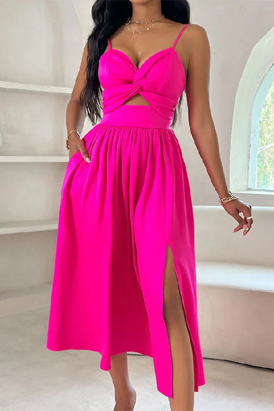 Solid Color Feminine Cutout Mid Split Twisted Mini Dress Trendy A-Line Mini Dress