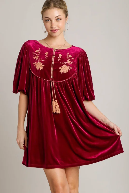Umgee Embroidered Half Sleeve Velvet Mini Dress with Tassel In Burgundy Comfortable Bodycon Mini Dress