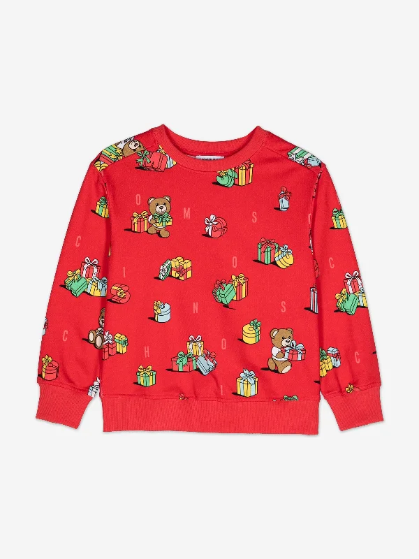 Moschino Kids Xmas Teddy Bear Sweatshirt in Red Hoodie with Hem Frayed Vintage Worn