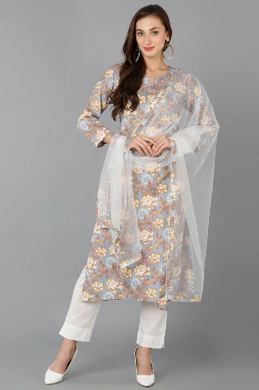 Ahika Grey Rayon Blend Floral Straight Kurta Pant With Dupatta Trendy Wide-Leg Pants Ahika Grey Rayon Blend Floral Straight Kurta Pant With Dupatta Trendy Wide-Leg Pants