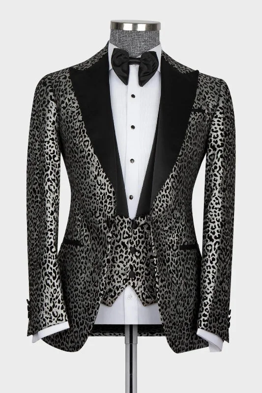Chic Silver Three Pieces Prom Suit Jackets with Jacquard Peaked Lapel Striped Jacket Polka Dot Jacket Floral Jacket