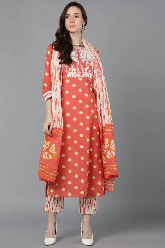 Ahika Orange Cotton Straight Kurta Pant With Dupatta Relaxed Casual Leggings