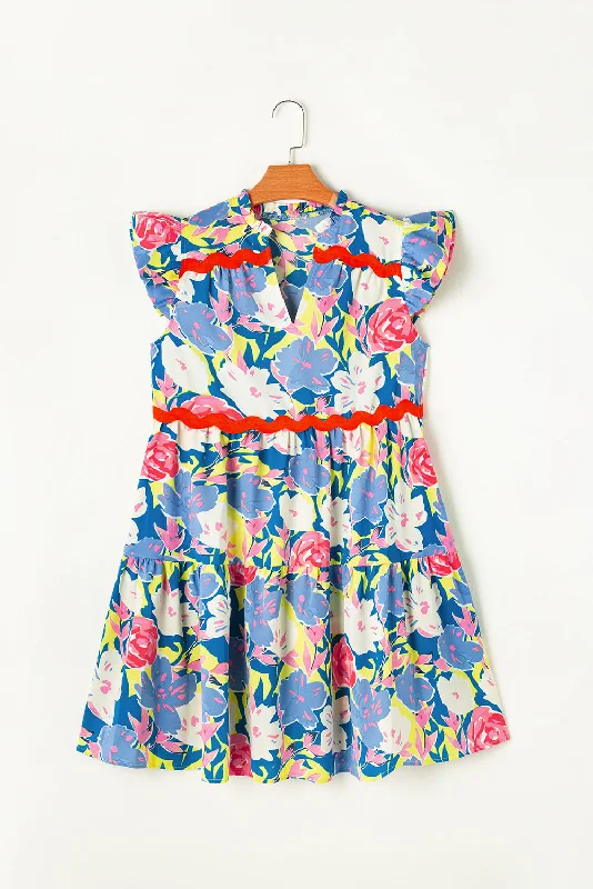 Blue Zone Planet |  Sky Blue Floral Printed V Notched Ric Rac Flutter Sleeve Dress Crew Neckline Sporty