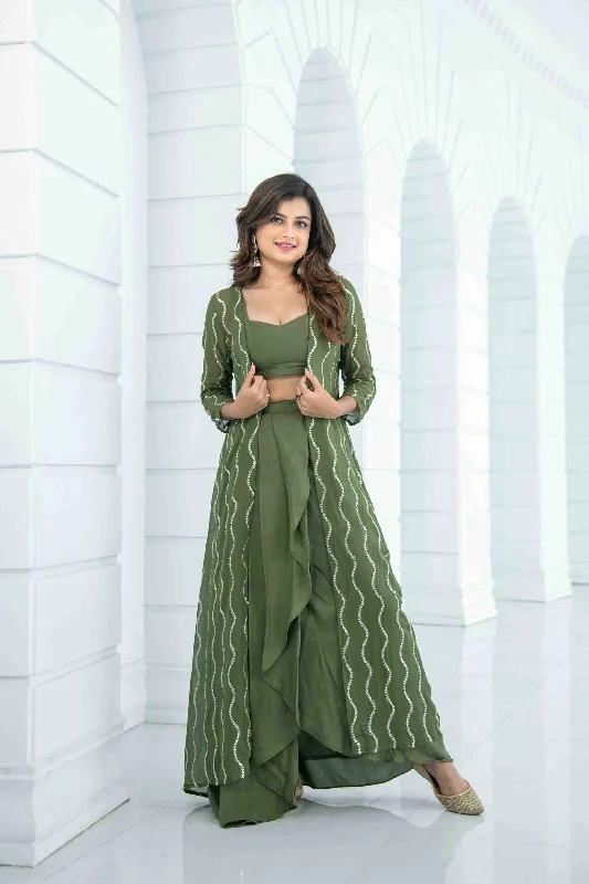 Women's Olive Skit Dhoti With Jacket - Label Shaurya Sanadhya Elasticated Jacket Padded Jacket Insulated Jacket Women's Olive Skit Dhoti With Jacket - Label Shaurya Sanadhya Elasticated Jacket Padded Jacket Insulated Jacket