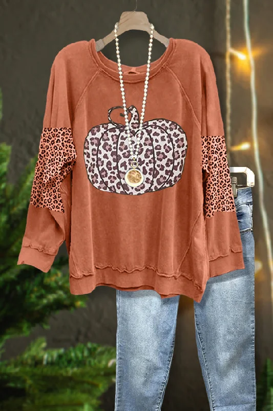 Classic Pumpkin Print Panel Leopard Sweatshirt Hoodie with Toggle Buttons Decorative Unique Classic Pumpkin Print Panel Leopard Sweatshirt Hoodie with Toggle Buttons Decorative Unique