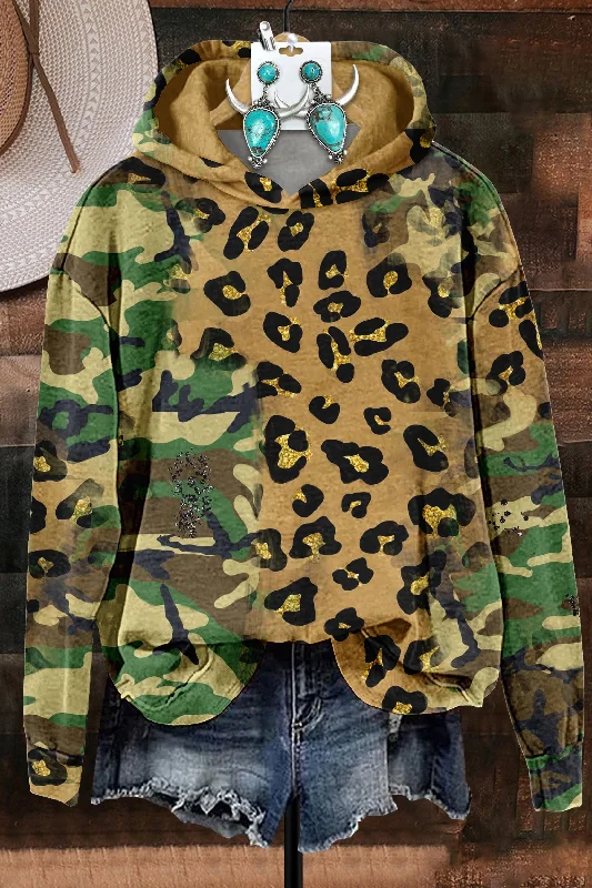Leopard Print Camouflage Hoodie Hoodie with Drawstring Waist Adjustable Fitted