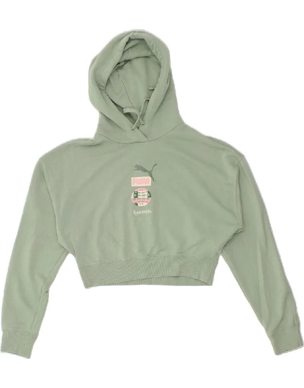PUMA Womens Oversized Crop Graphic Hoodie Jumper UK 10 Small Green Cotton Hoodie with Elastic Cuffs Stretchable Comfortable
