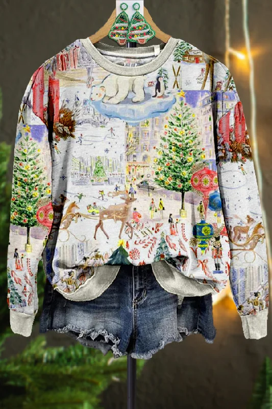 Retro Contrast Color Christmas Sweatshirt Hoodie with Lining Warm Insulated