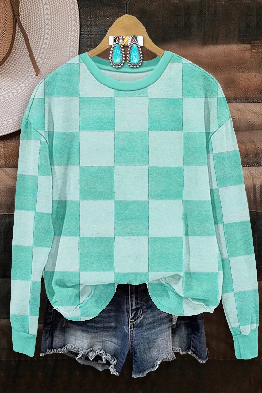 Checkered Print Sweatshirt Hoodie with Emblem Brand Identity