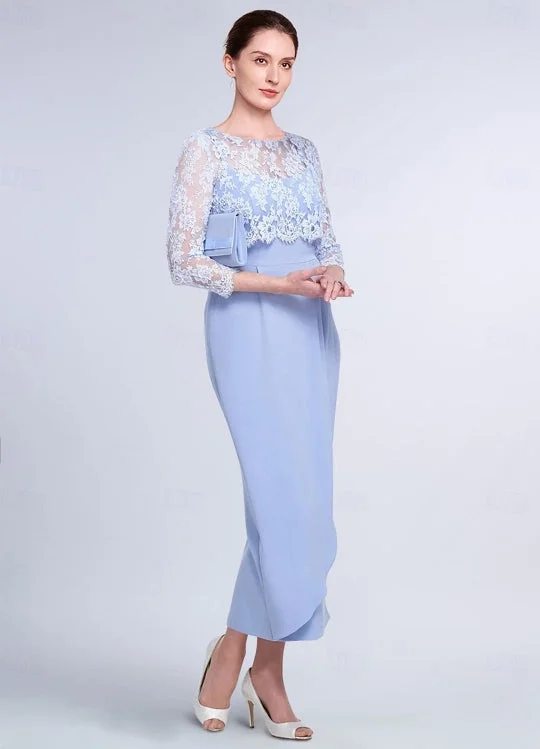 Two Piece Sheath / Column Mother of the Bride Dress Elegant Jewel Neck Tea Length Lace 3/4 Length Sleeve Jacket Dresses with Lace Satin Jacket Silk Jacket Chiffon Jacket Two Piece Sheath / Column Mother of the Bride Dress Elegant Jewel Neck Tea Length Lace 3/4 Length Sleeve Jacket Dresses with Lace Satin Jacket Silk Jacket Chiffon Jacket
