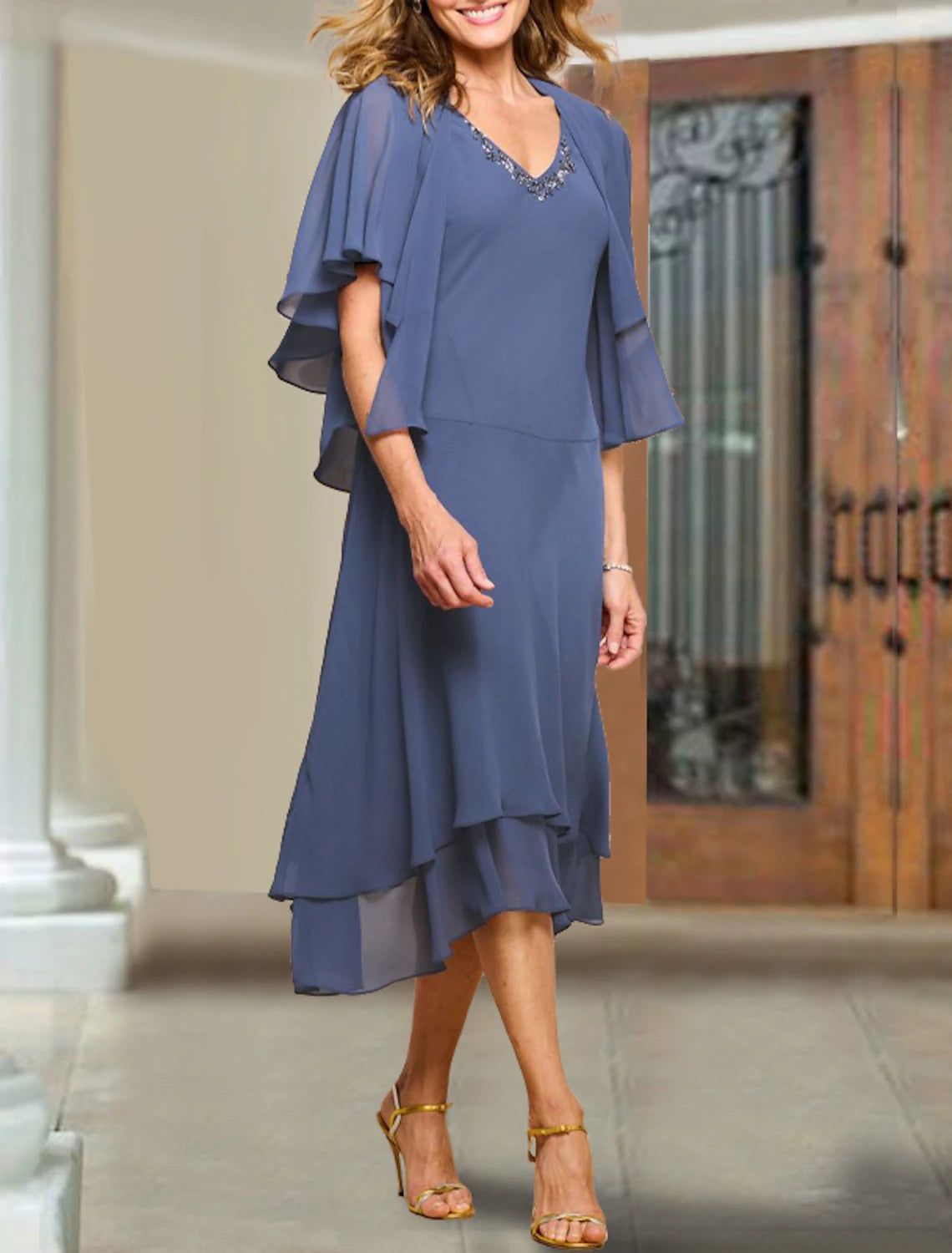 Two Piece Mother of the Bride Dress Wedding Guest V Neck Tea Length Chiffon Short Jacket Dresses with Beading Ruffles Faux Fur Jacket Real Fur Jacket Shearling Jacket Two Piece Mother of the Bride Dress Wedding Guest V Neck Tea Length Chiffon Short Jacket Dresses with Beading Ruffles Faux Fur Jacket Real Fur Jacket Shearling Jacket
