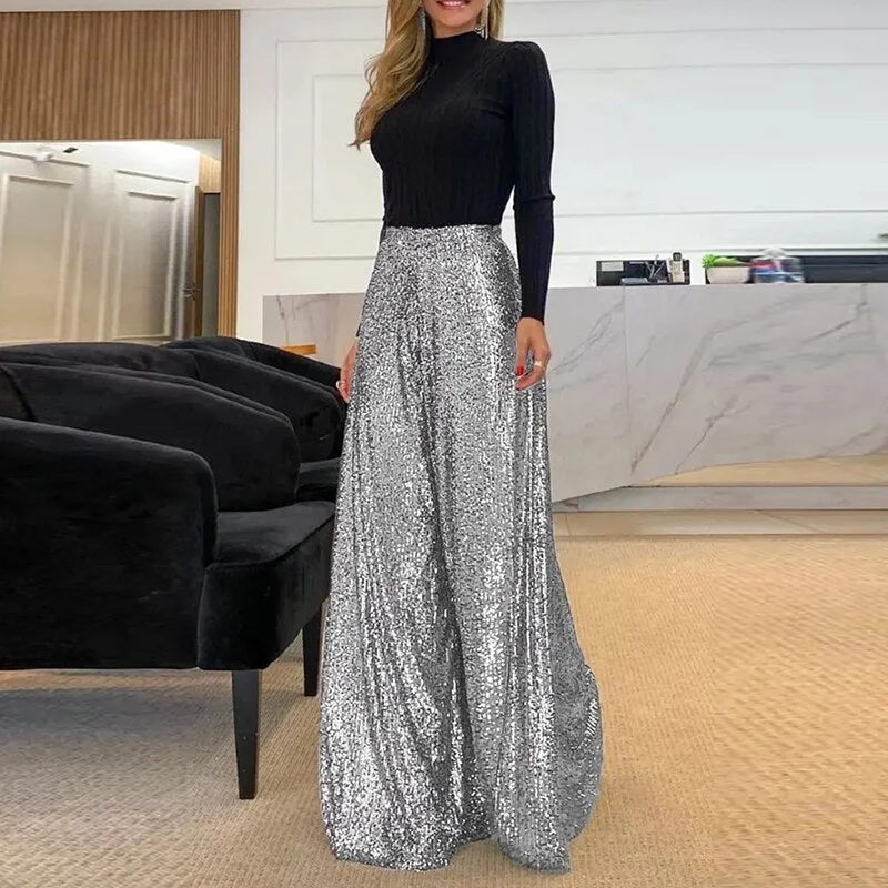 Vireous Shiny Women's Party Pants Casual Skinny Fit Pants