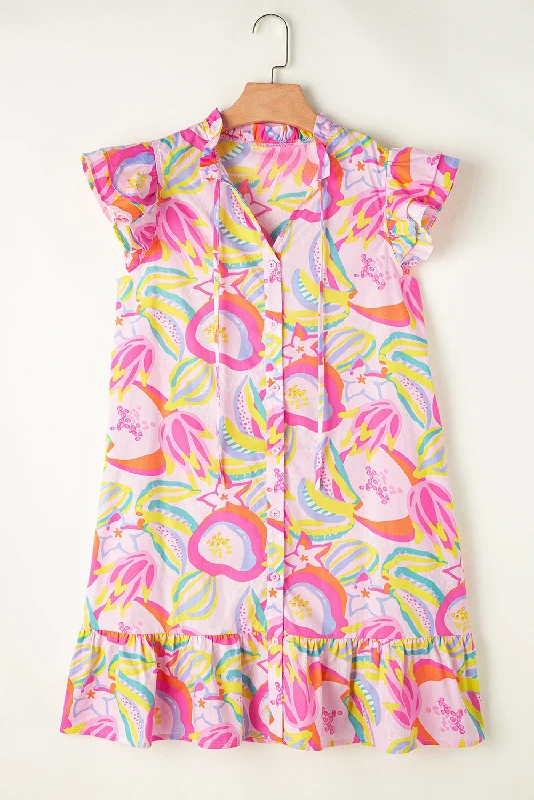 Green Abstract Floral Ruffle Trim Flutter Sleeve Buttoned Dress Tunics Satin smooth