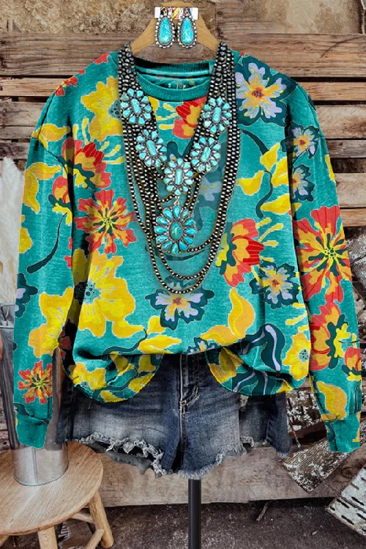 Contrast Floral Print Sweatshirt Hoodie with Set-In Sleeves Structured Classic