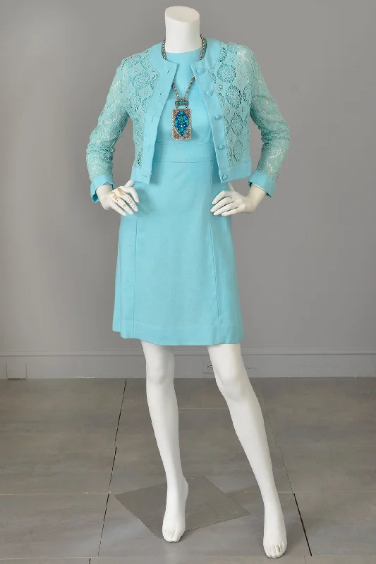 1970s Sky Blue Scooter Dress and Matching Crochet Lace Blouse Jacket Nylon Fabric Polyester Fabric Spandex Fabric 1970s Sky Blue Scooter Dress and Matching Crochet Lace Blouse Jacket Nylon Fabric Polyester Fabric Spandex Fabric