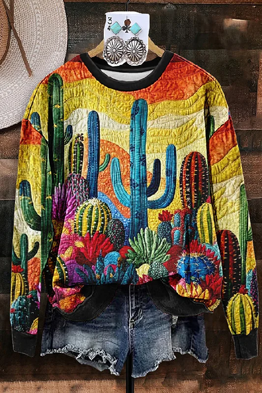 Vintage Western Cactus Print Sweatshirt Hoodie with Hood Adjustable Protection