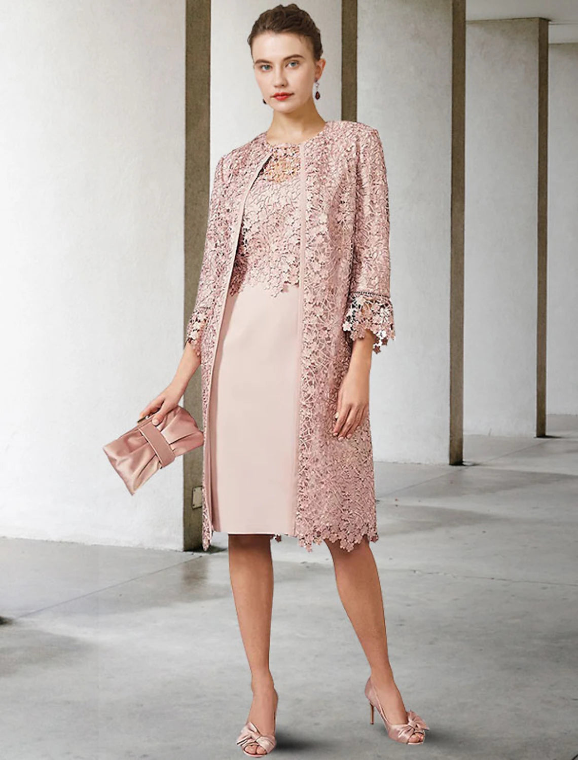 Two Piece Sheath / Column Mother of the Bride Dress Church Elegant Jewel Neck Knee Length Chiffon Lace Short Sleeve Jacket Dresses with Appliques Knit Jacket Woven Jacket Fleece Jacket Two Piece Sheath / Column Mother of the Bride Dress Church Elegant Jewel Neck Knee Length Chiffon Lace Short Sleeve Jacket Dresses with Appliques Knit Jacket Woven Jacket Fleece Jacket