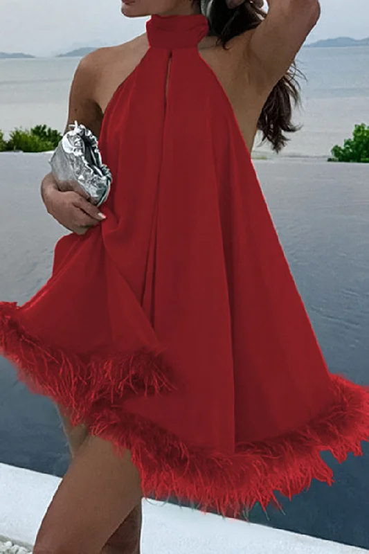 Solid Color Halter Collar Romantic Feather Trim Mini Dress Stylish Ruffle Mini Dress