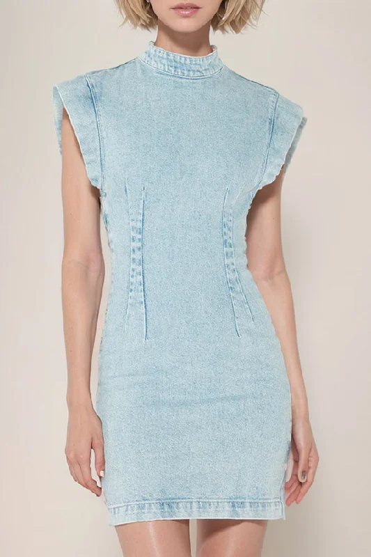 Solid Color Washed Denim Girly Cutout Back Mini Dress Cozy Satin Mini Dress