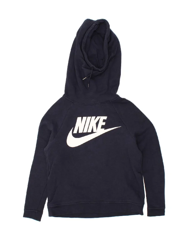 NIKE Womens Oversized Graphic Hoodie Jumper UK 10 Small Navy Blue Cotton Hoodie with Emblem Brand Identity NIKE Womens Oversized Graphic Hoodie Jumper UK 10 Small Navy Blue Cotton Hoodie with Emblem Brand Identity