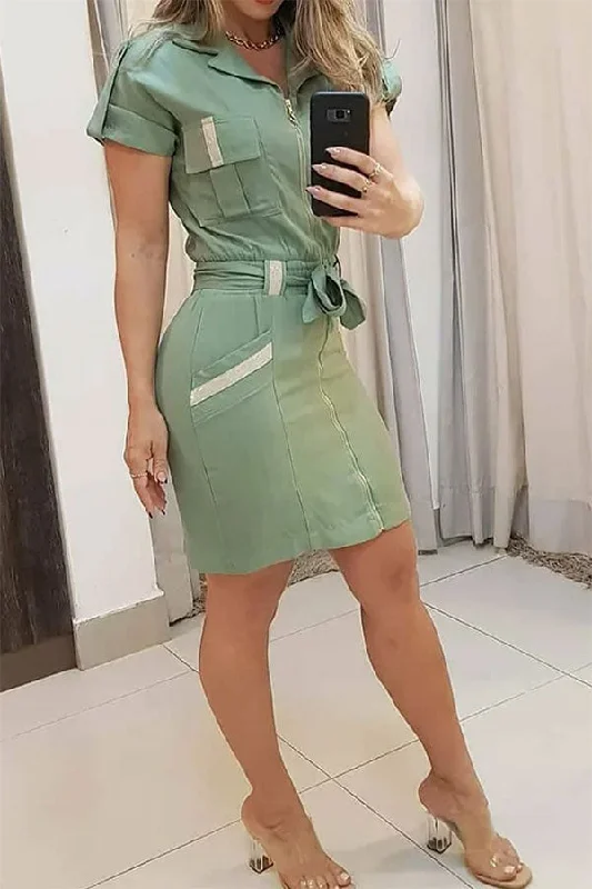 Hit Color Patchwork Commuting Lace-Up Mini Dress Elegant Silk Mini Dress