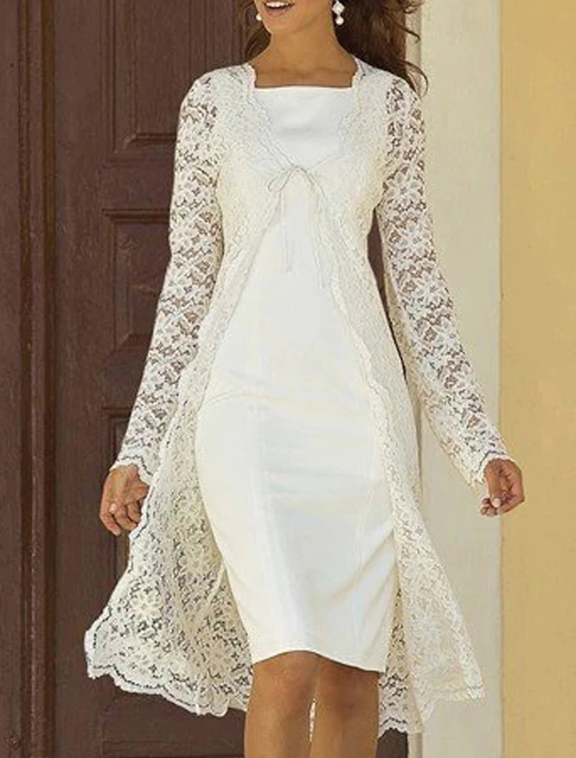 Two Piece Sheath / Column Mother of the Bride Dress Fall Wedding Guest Dresses Church Elegant Square Neck Knee Length Chiffon Lace Sleeveless Jacket Dresses with Solid Color Collared Jacket Crew Neck Jacket Turtle Neck Jacket Two Piece Sheath / Column Mother of the Bride Dress Fall Wedding Guest Dresses Church Elegant Square Neck Knee Length Chiffon Lace Sleeveless Jacket Dresses with Solid Color Collared Jacket Crew Neck Jacket Turtle Neck Jacket