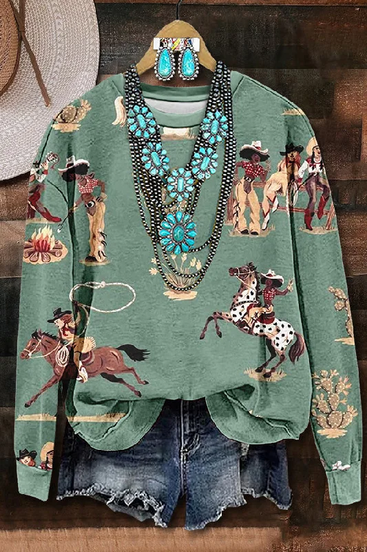 Rodeo Cowgirl Print Sweatshirt Hoodie with High-Low Hem Asymmetrical Trendy