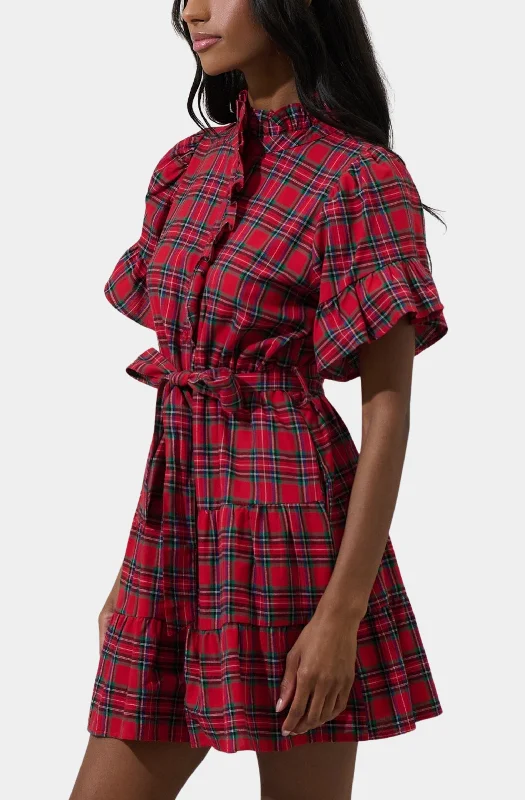 Arvada Plaid Cottonwood Ruffle Button Down Mini Dress Fashionable Pleated Mini Dress