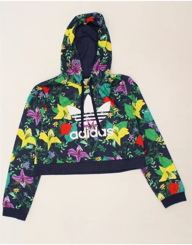 ADIDAS Womens Crop Graphic Hoodie Jumper UK 12 Medium Navy Blue Floral Hoodie with Relaxed Fit Easy Casual ADIDAS Womens Crop Graphic Hoodie Jumper UK 12 Medium Navy Blue Floral Hoodie with Relaxed Fit Easy Casual