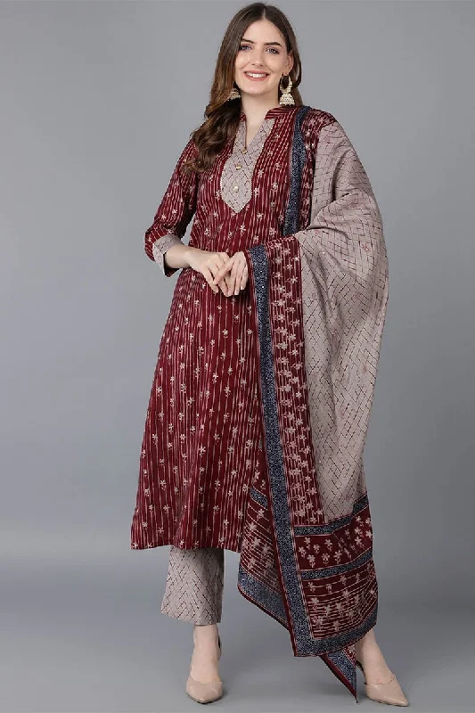 Ahika Maroon Poly Silk Straight Kurta Pant With Dupatta Soft Stretch Trousers