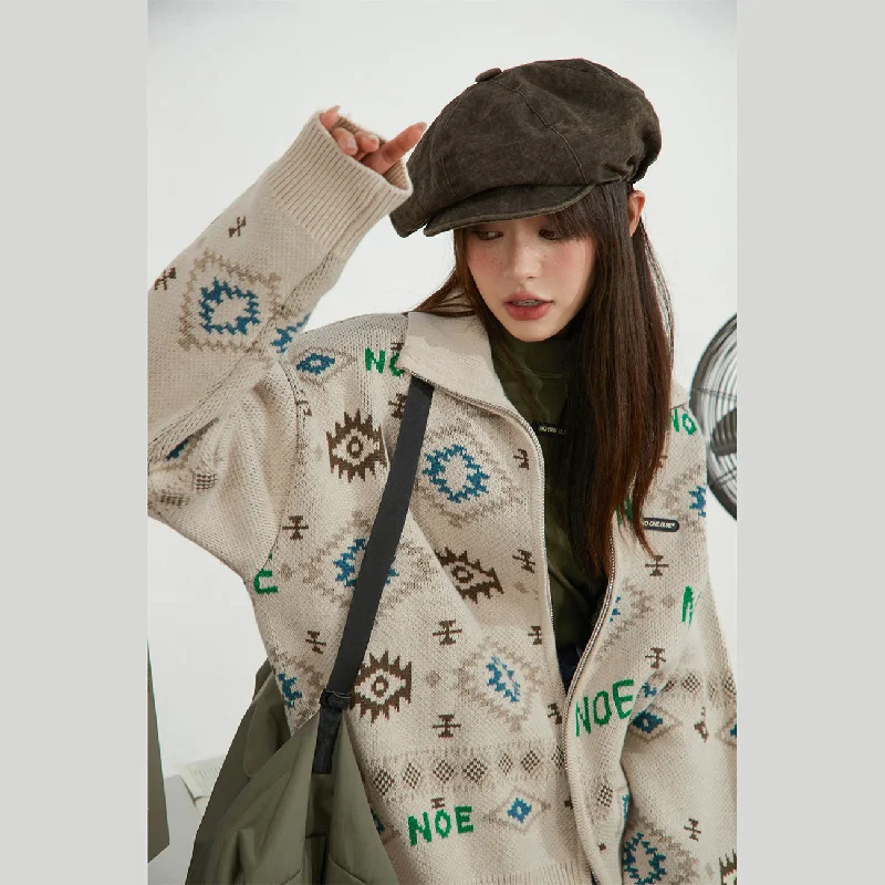 Vintage Mix Pattern Outer Jacket Tiered Jacket Buttoned Jacket Zippered Jacket