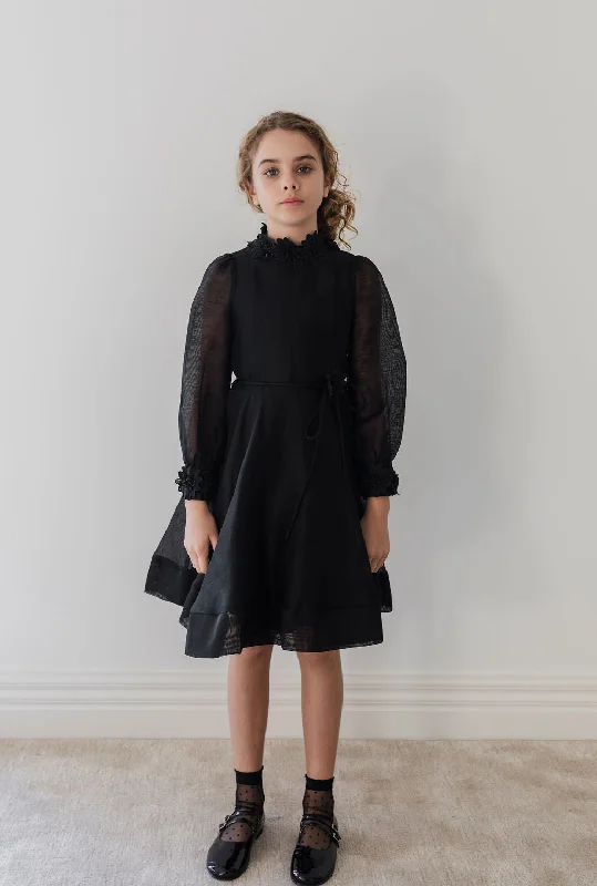 1235-Silk Linen Flower Applique Dress 3/4SLV-Black Tunics Stylish elegant