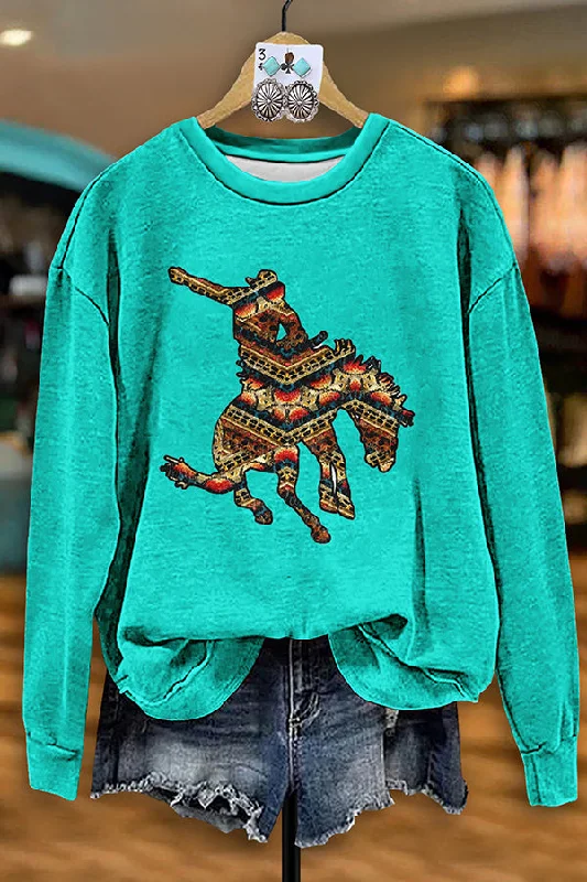 Vintage Western Aztec Rodeo Print Sweatshirt Hoodie with Zipper Versatile Modern