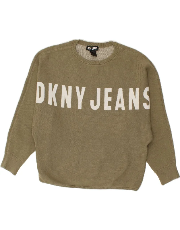 DKNY Womens Oversized Graphic Sweatshirt Jumper UK 14 Medium Khaki Cotton Hoodie with Hem Drawcord Adjustable Customizable DKNY Womens Oversized Graphic Sweatshirt Jumper UK 14 Medium Khaki Cotton Hoodie with Hem Drawcord Adjustable Customizable