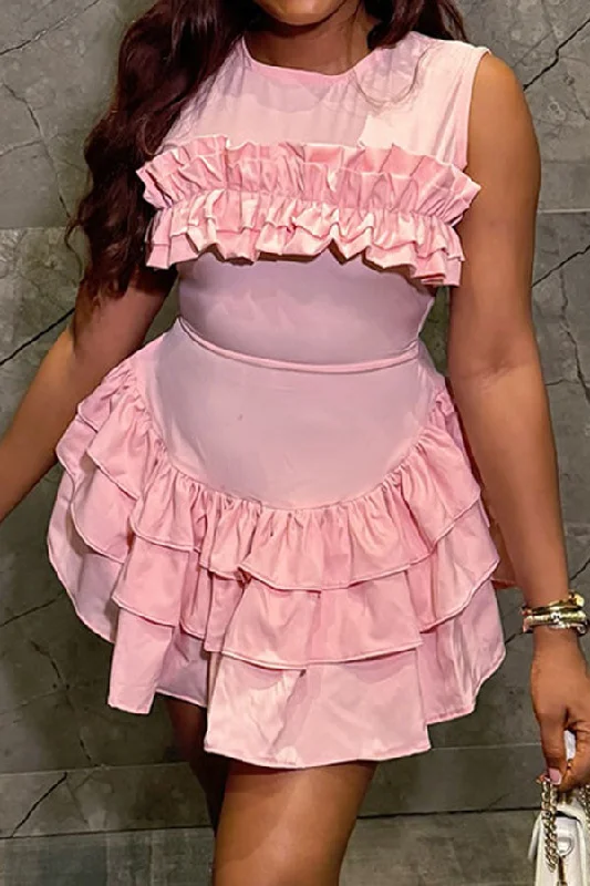 Solid Color Girly Tiered Ruffles Mini Dress Trendy Bodycon Mini Dress