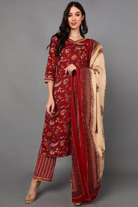 Ahika Red Cotton Floral Printed Kurta Pant Dupatta Set Cozy Maternity Pants