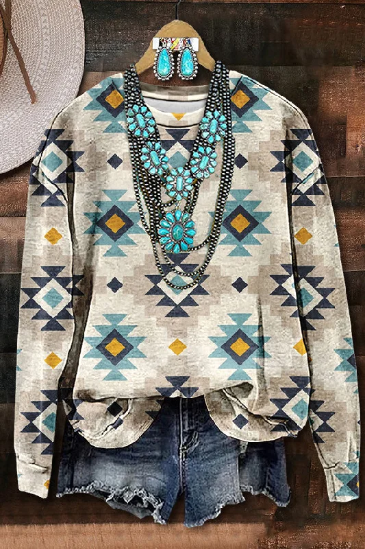 Retro Western Aztec Printed Sweatshirt Hoodie with Drawcord Adjustable Secure