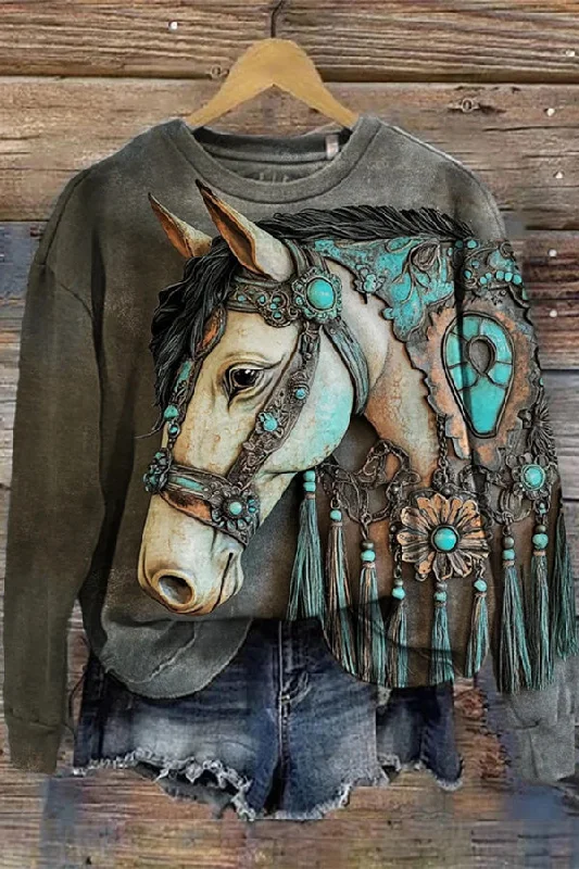 Elegant Turquoise Tassel Horse Art Sweatshirt Hoodie with Hem Raw Edge Edgy Unfinished Elegant Turquoise Tassel Horse Art Sweatshirt Hoodie with Hem Raw Edge Edgy Unfinished
