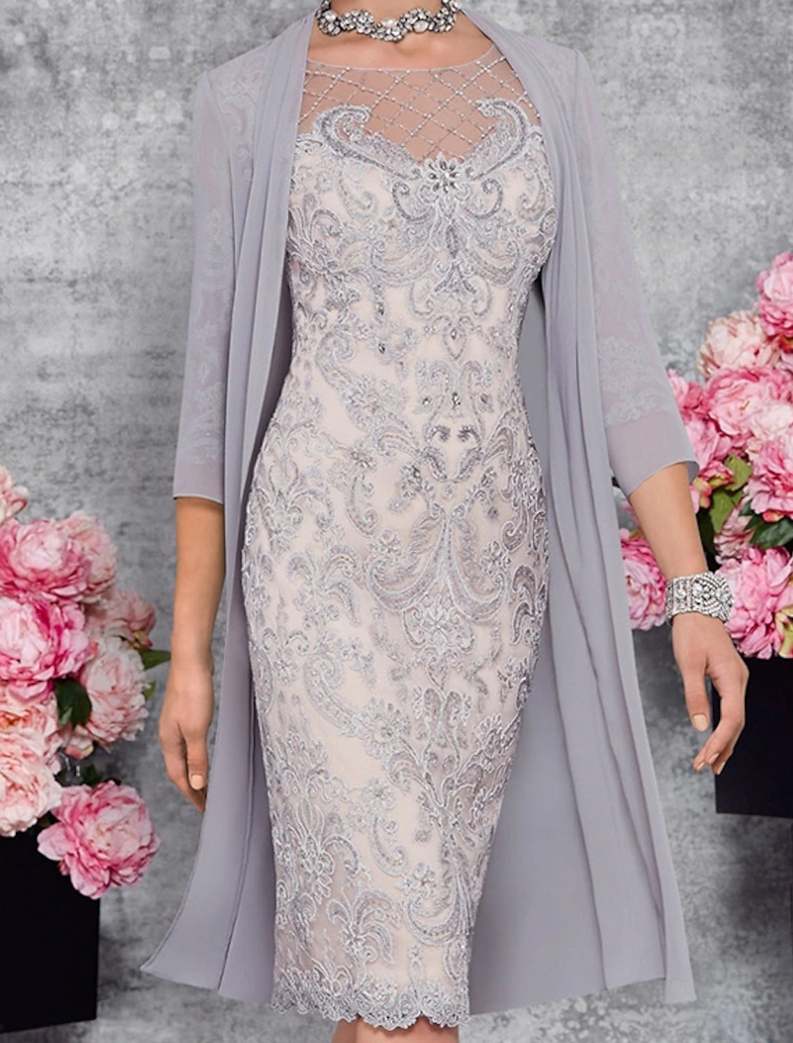 Two Piece Sheath / Column Mother of the Bride Dress Fall Wedding Guest Dresses Church Elegant Illusion Neck Knee Length Lace 3/4 Length Sleeve Jacket Dresses with Embroidery Lace Jacket Ribbed Jacket Sequined Jacket Two Piece Sheath / Column Mother of the Bride Dress Fall Wedding Guest Dresses Church Elegant Illusion Neck Knee Length Lace 3/4 Length Sleeve Jacket Dresses with Embroidery Lace Jacket Ribbed Jacket Sequined Jacket