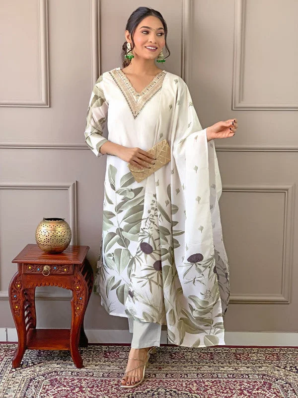 Malishka Women Embroidered French Crepe with Cotton Lining Kurta Pant Set With Dupata - White Formal Linen Trousers Malishka Women Embroidered French Crepe with Cotton Lining Kurta Pant Set With Dupata - White Formal Linen Trousers