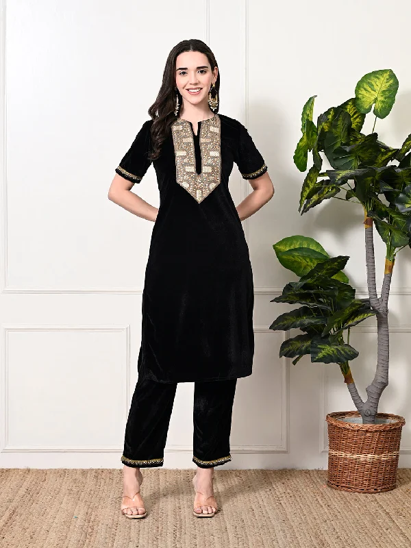 Myshka Women's Black Velvet Kurta Pant Classic Pleated Pants