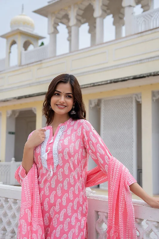 Ahika Cotton Pink Printed Straight Kurta Pant With Dupatta Elegant High-Waist Pants