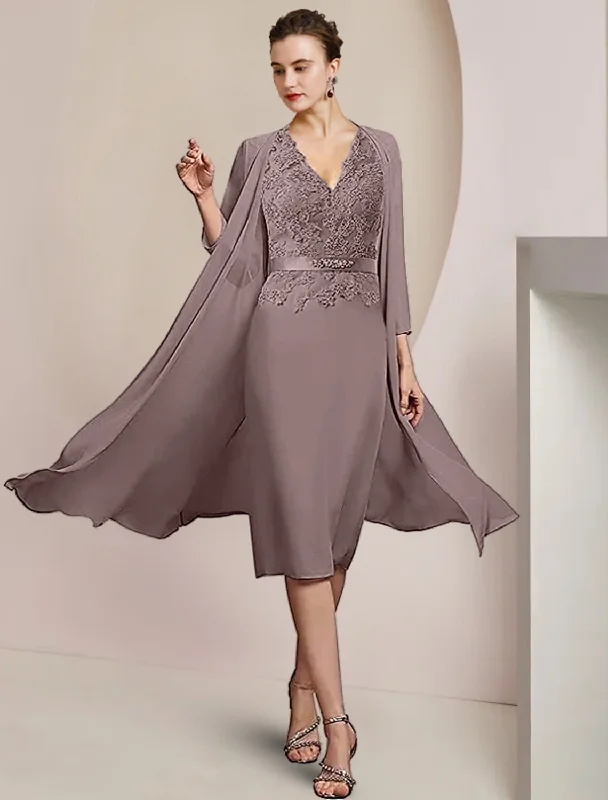 Two Piece Sheath / Column Mother of the Bride Dress Formal Wedding Guest Elegant V Neck Knee Length Chiffon Lace Sleeveless Jacket Dresses with Appliques Crystal Brooch Tiered Jacket Buttoned Jacket Zippered Jacket Two Piece Sheath / Column Mother of the Bride Dress Formal Wedding Guest Elegant V Neck Knee Length Chiffon Lace Sleeveless Jacket Dresses with Appliques Crystal Brooch Tiered Jacket Buttoned Jacket Zippered Jacket