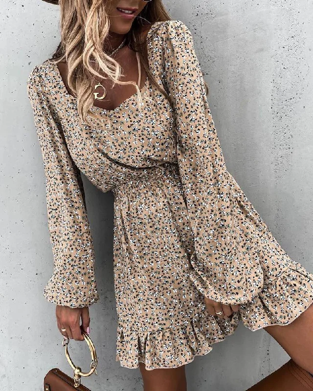 Wjczt Fashion Women& Mini Dresses  Print Sweet Style Hedging Dress Cozy Cowl Neck Mini Dress