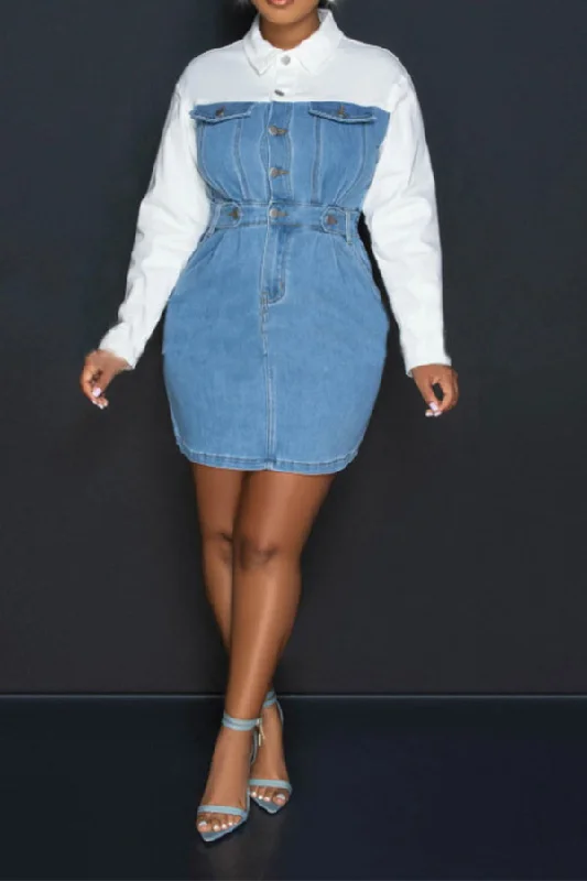 Color Block Denim Patchwork On-trend Mini Dress Trendy Floral Mini Dress