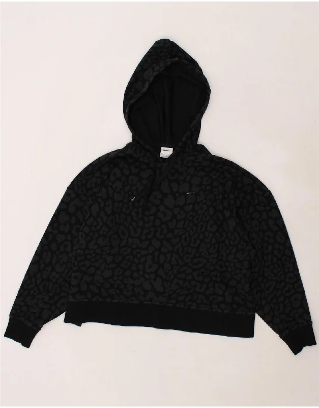 NIKE Womens Oversized Crop Hoodie Jumper UK 16 Large Black Animal Print Hoodie with Snap Buttons Easy Quick NIKE Womens Oversized Crop Hoodie Jumper UK 16 Large Black Animal Print Hoodie with Snap Buttons Easy Quick